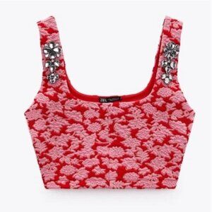 Zara Jacquard red and pink crop top with jewel detail​ - Size Small